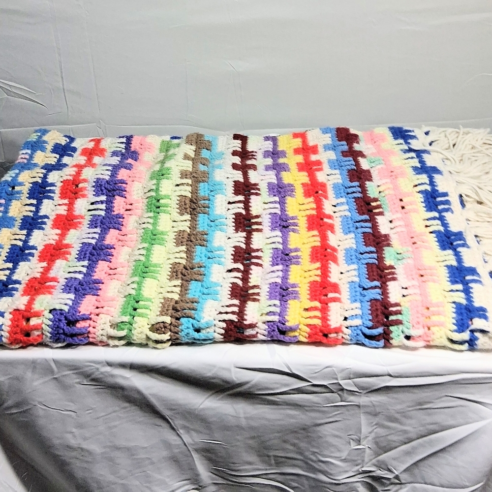 Handmade Crochet Vintage Multi-colored Fringed Colorful Throw/Blanket 74" x 58"